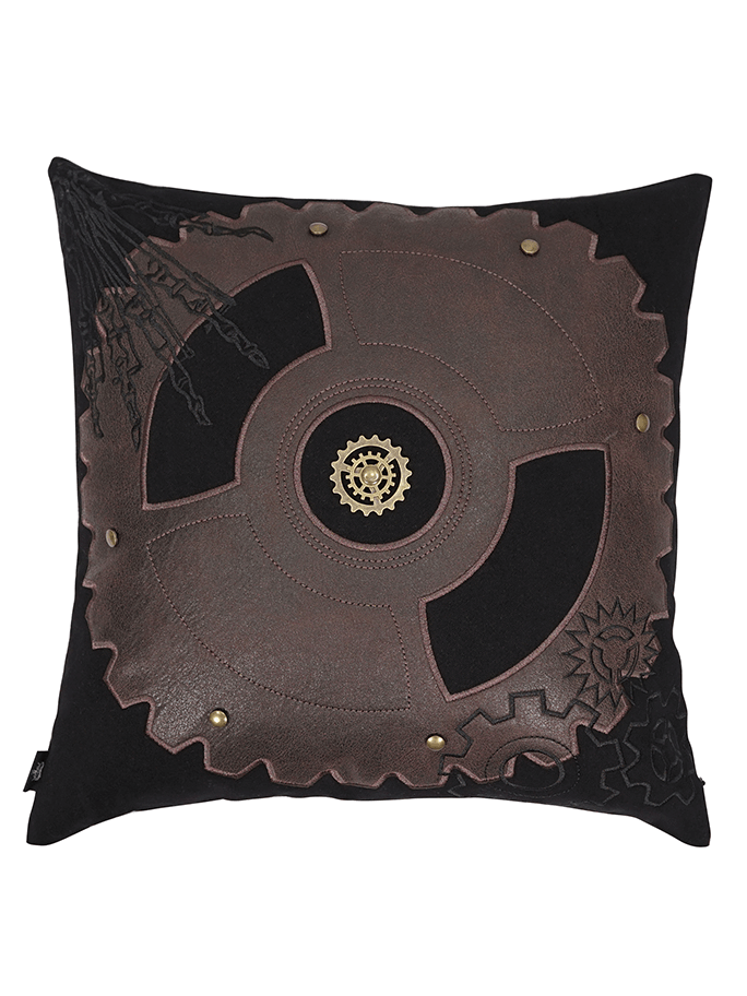 Black vintage pillow with brown gear print design, retro decor accent for stylish home interiors.