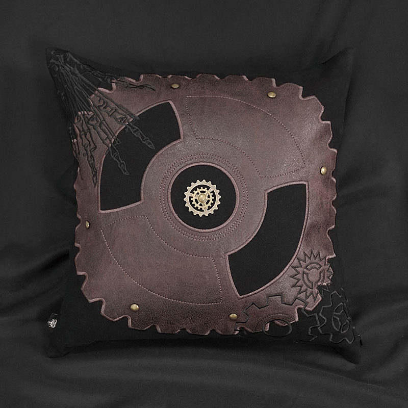 Black Vintage Pillow With Brown Cracked Leather To Make Gear Shape / Unique Pillows For Home Decor - HARD'N'HEAVY