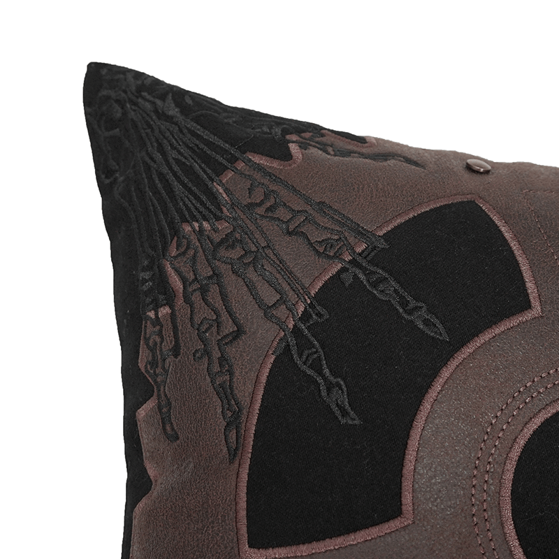 Black Vintage Pillow With Brown Cracked Leather To Make Gear Shape / Unique Pillows For Home Decor - HARD'N'HEAVY