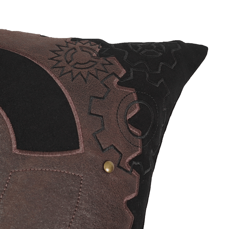 Black Vintage Pillow With Brown Cracked Leather To Make Gear Shape / Unique Pillows For Home Decor - HARD'N'HEAVY