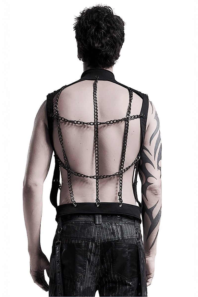 Back view of a man in a Black Warlock Chain Waistcoat, showcasing the edgy chain design and hollow-out style.