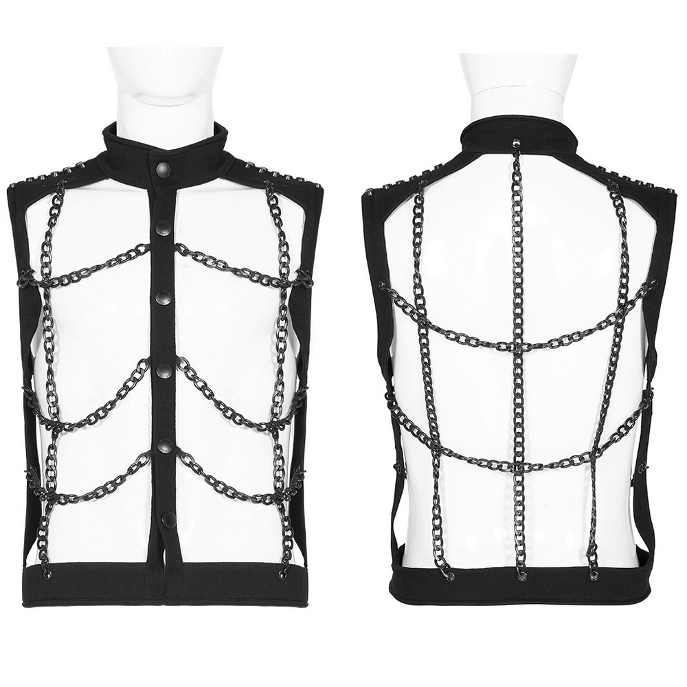 Black Warlock Chain Waistcoat with hollow-out design, perfect for punk rave style and edgy outfits.