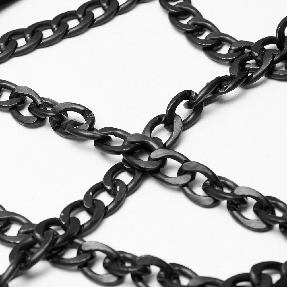 Close-up of black chain links, showcasing the edgy design for a punk-style waistcoat.