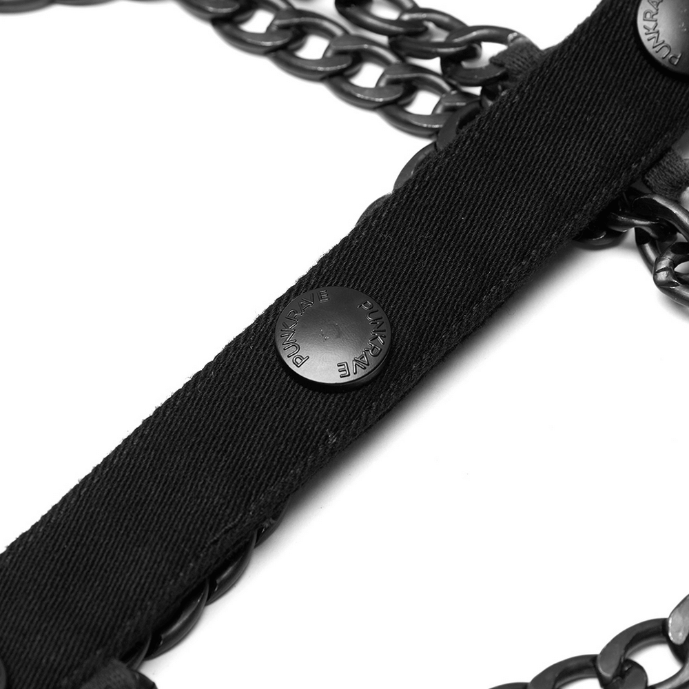 Close-up of black chain detail on Punk Rave waistcoat, showcasing edgy design and high-quality materials.