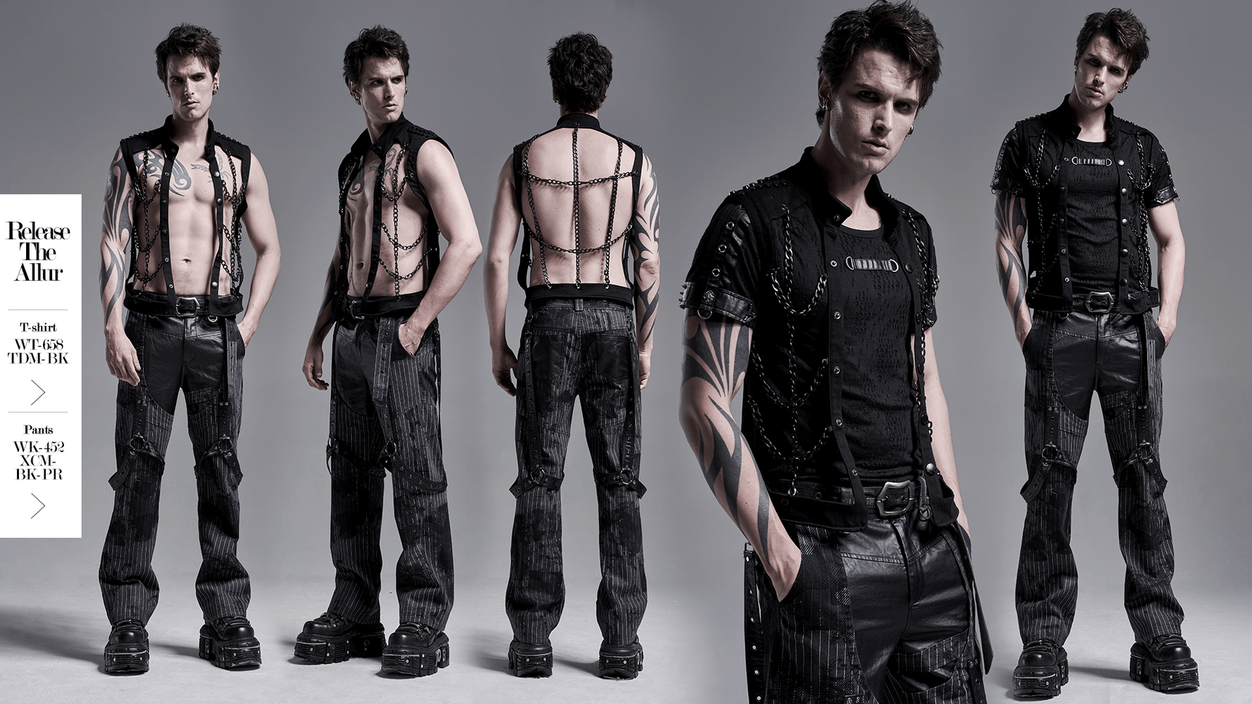 Stylish model showcasing a black Warlock chain waistcoat with punk rave aesthetic, exuding edgy personality.
