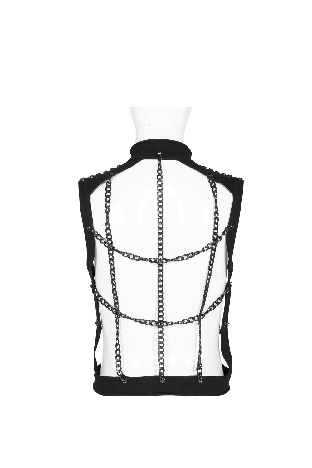 Back view of a black warlock chain waistcoat in punk rave style with a striking chain-link design.
