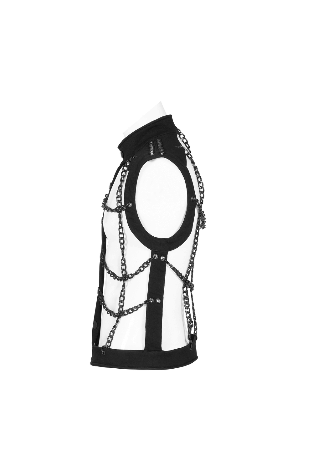 Black Warlock Chain Waistcoat, punk rave-style vest with striking chain-link design and hollow-out edges.