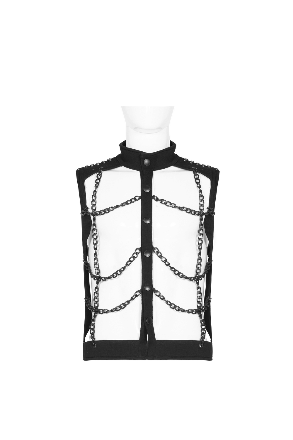 Black Warlock Chain Waistcoat with punk rave style and edgy hollow-out design for a rebellious look.