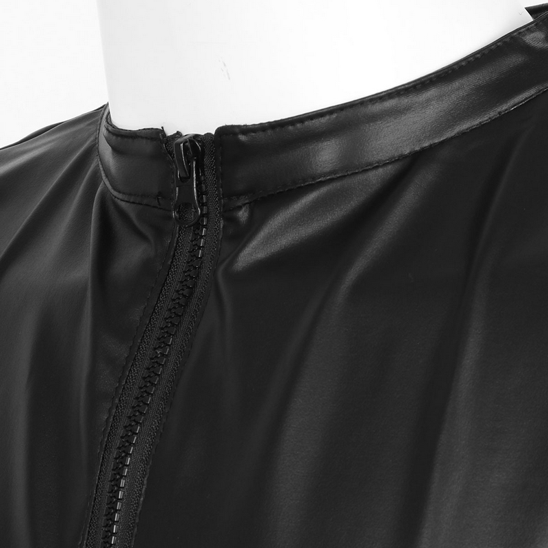 EU SALE of Black Wet Look Faux Leather Tank Top / Round Neck Zipper Vest / Men's Sexy Outfits