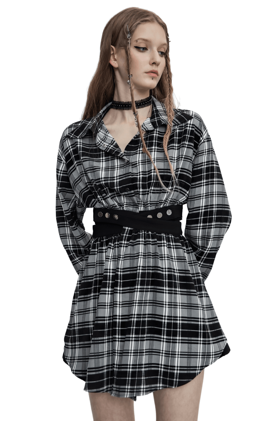 Black and white plaid punk gothic detachable dress with waist cut-out and edgy buckle accents.