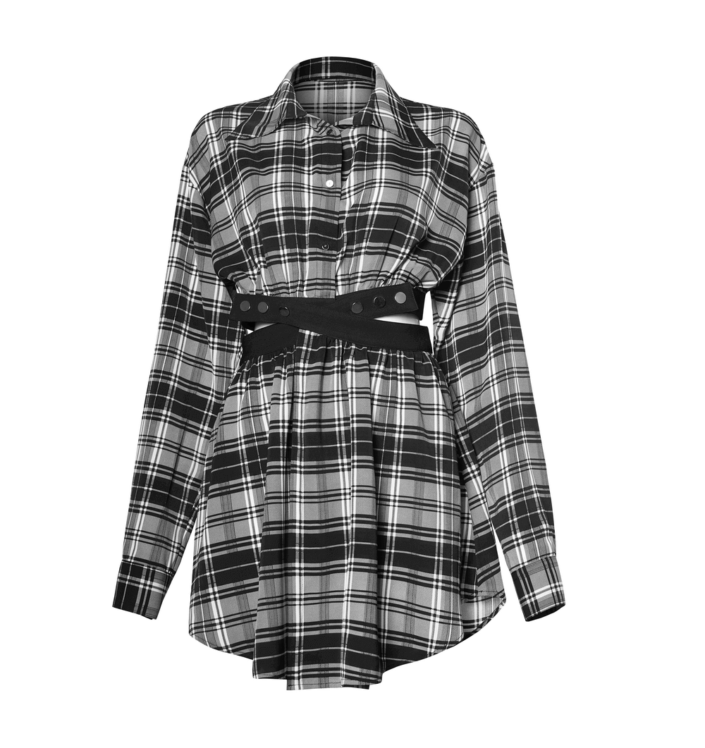 Black and white plaid punk gothic detachable dress with waist cut-out and buckle accents.