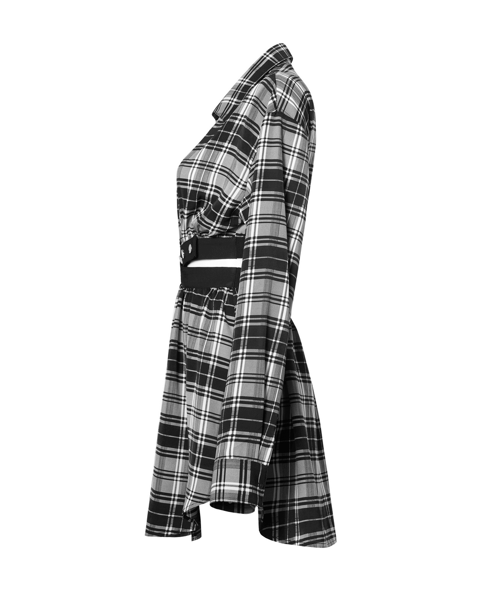 Side view of a Black and White Plaid Punk Gothic Detachable Dress with a waist cut-out and buckle accents.