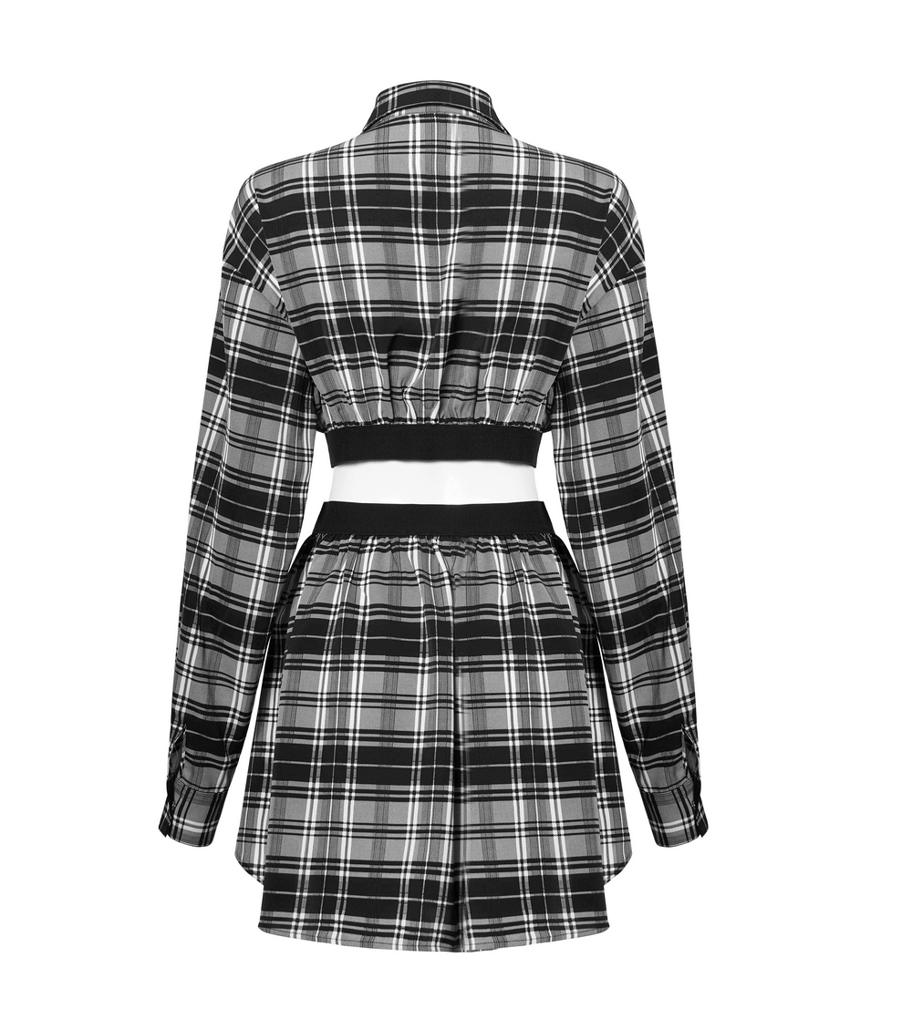 Back view of Black and White Plaid Punk Gothic Detachable Dress showcasing a stylish cropped top and flared hem.