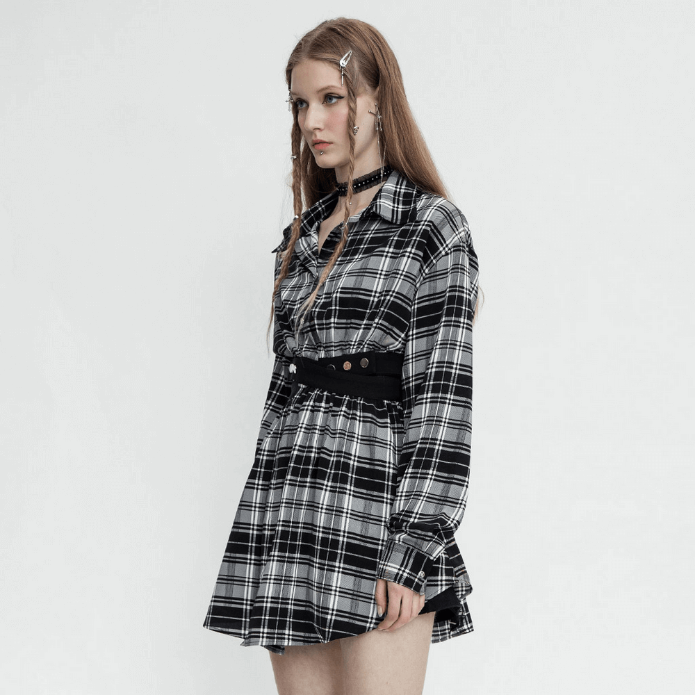 Black and white plaid punk gothic detachable dress with waist cut-out and edgy buckle details.