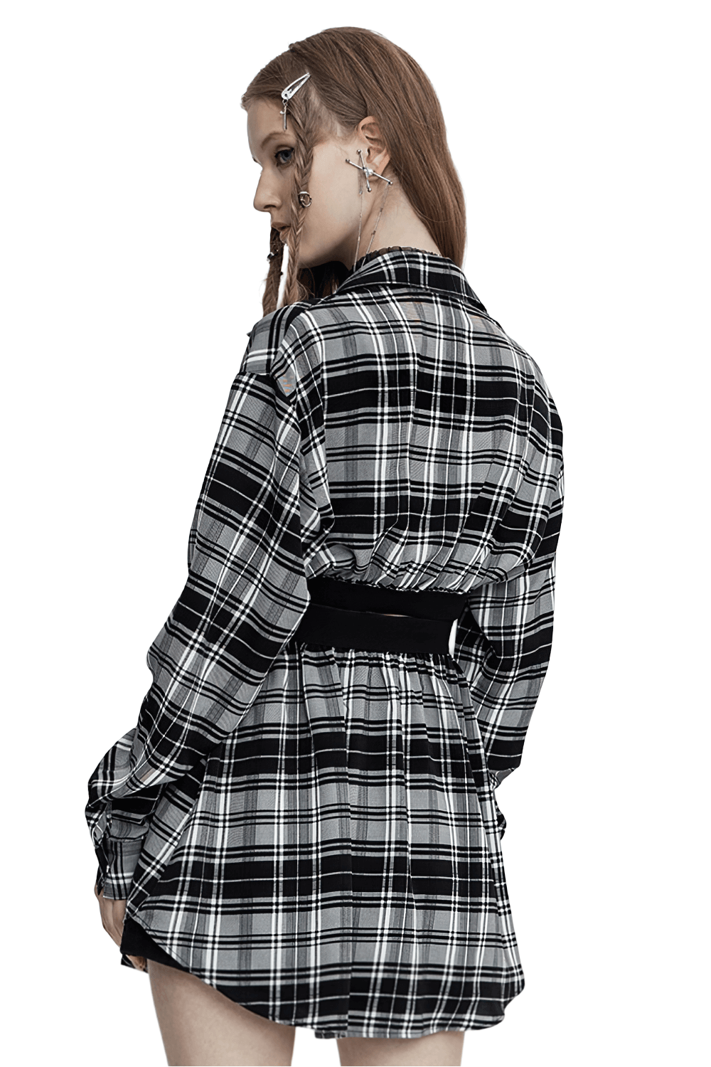 Back view of a model in a Black and White Plaid Punk Gothic detachable dress with a stylish belt.