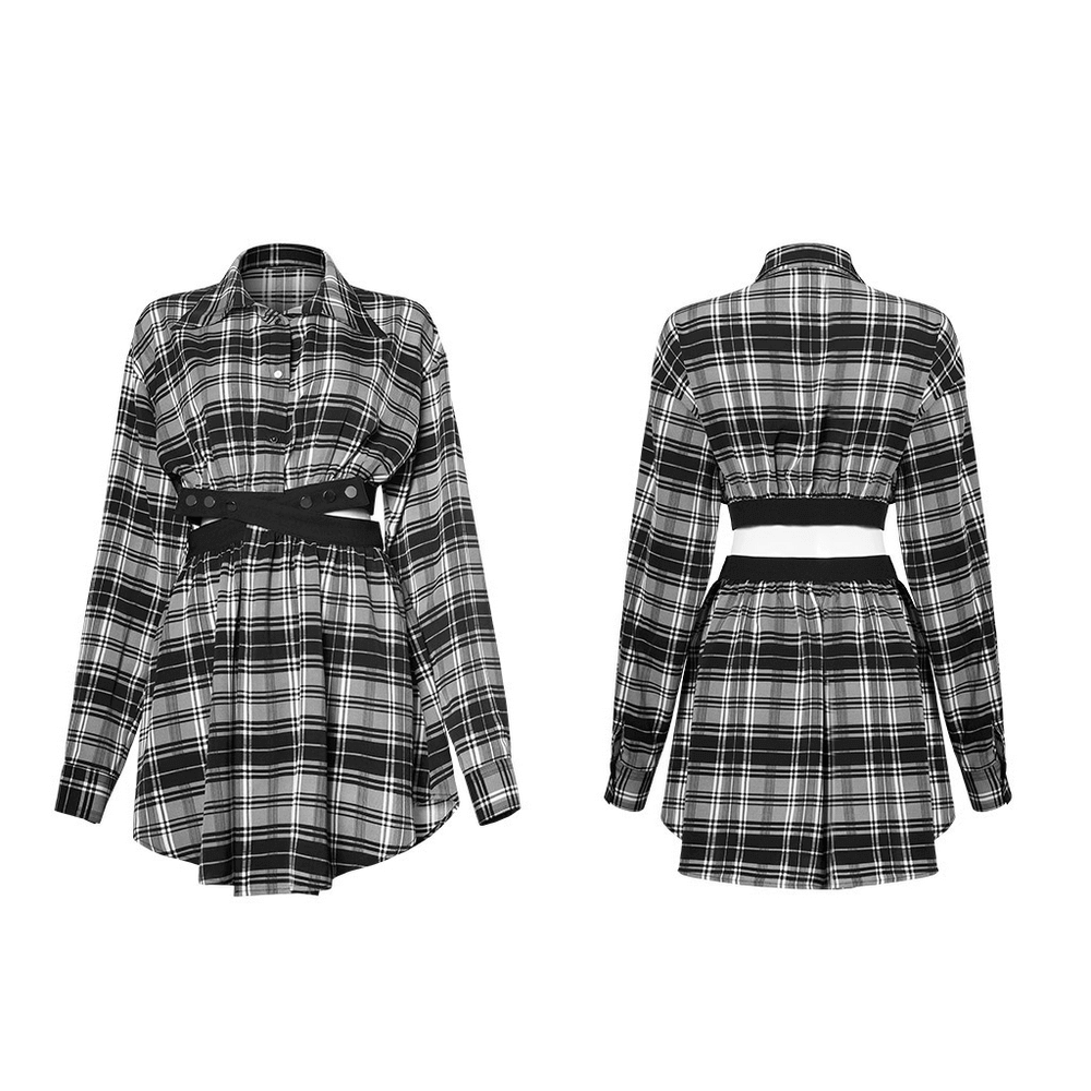 Black and white plaid punk gothic detachable dress with waist cut-out and buckle accents.