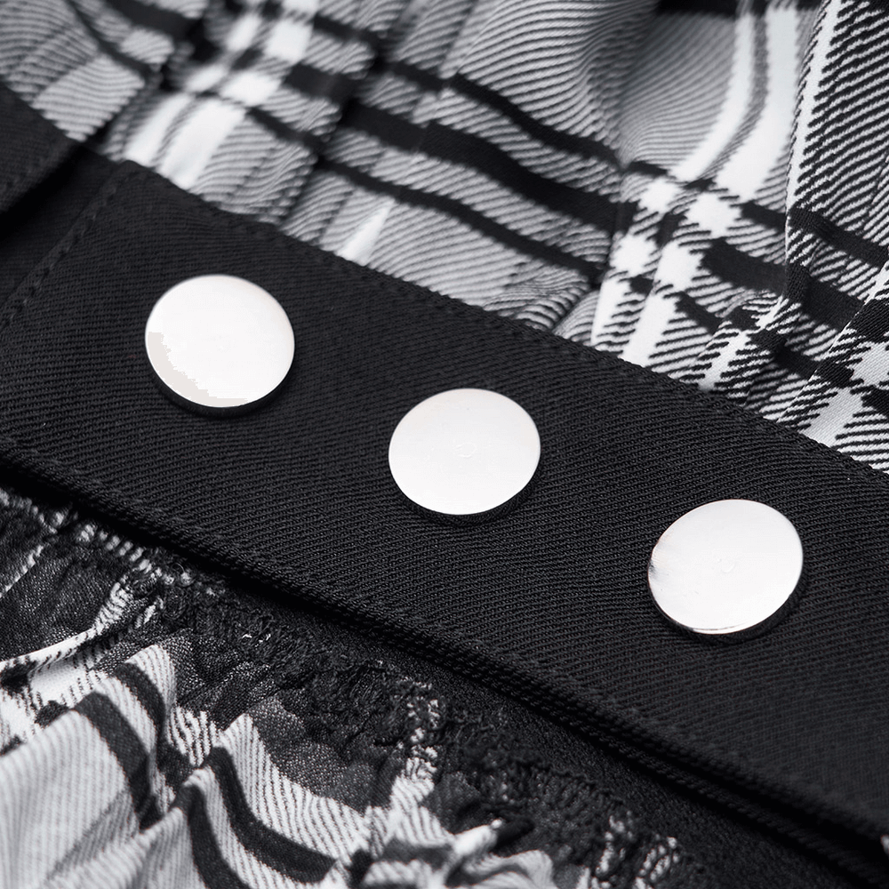 Close-up of silver buckle accents on Black and White Plaid Punk Gothic Detachable Dress.