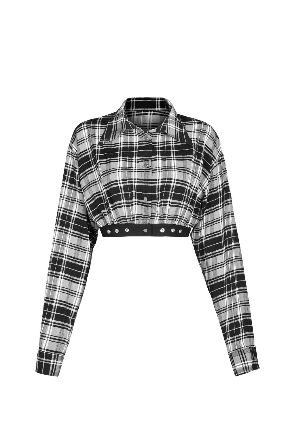Chic black and white plaid cropped shirt with buckle accents and button closure, perfect for punk gothic style.