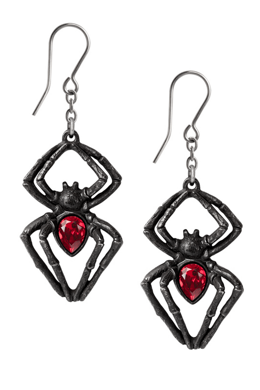 Gothic Black Widow spider earrings with red Austrian crystals, crafted from black pewter, perfect for a dramatic look.
