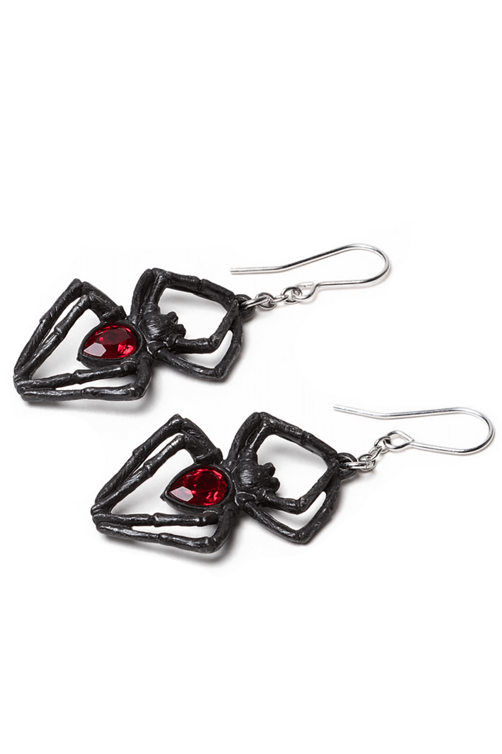 Gothic Black Widow spider earrings with red Austrian crystals, crafted from black pewter and surgical steel earwires.