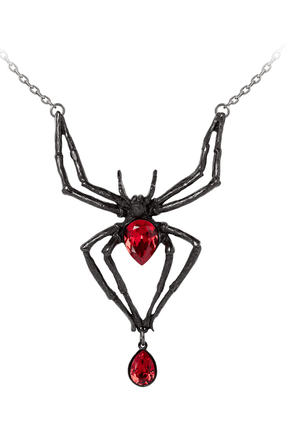 Gothic black pewter spider necklace with red Austrian crystals, perfect for arachnophiles and dark fashion lovers.