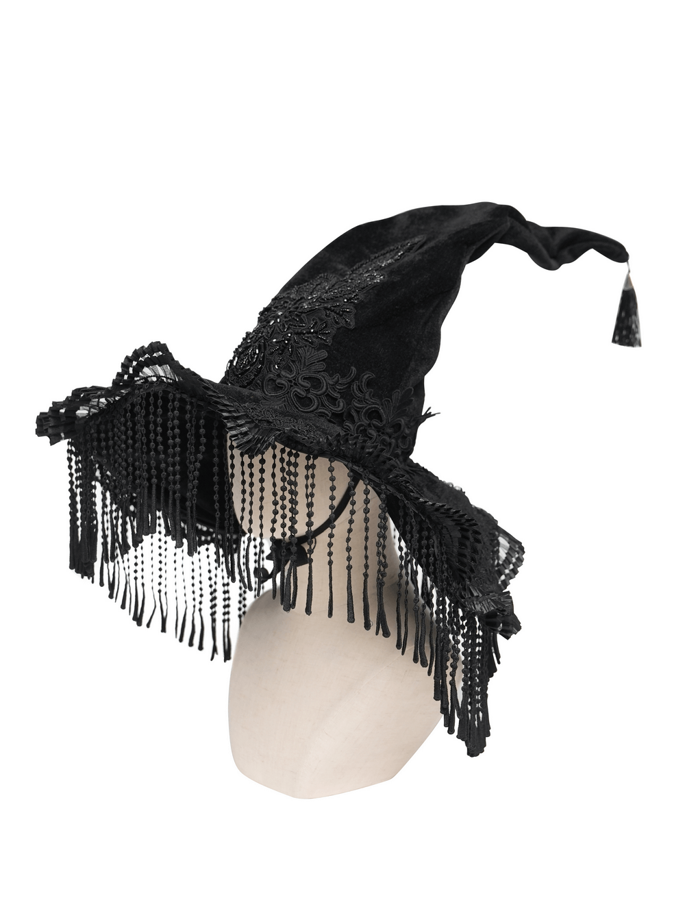 Black Witch Hat with Lace Fringe and Feather Detail on display, featuring intricate lace and feather embellishments.