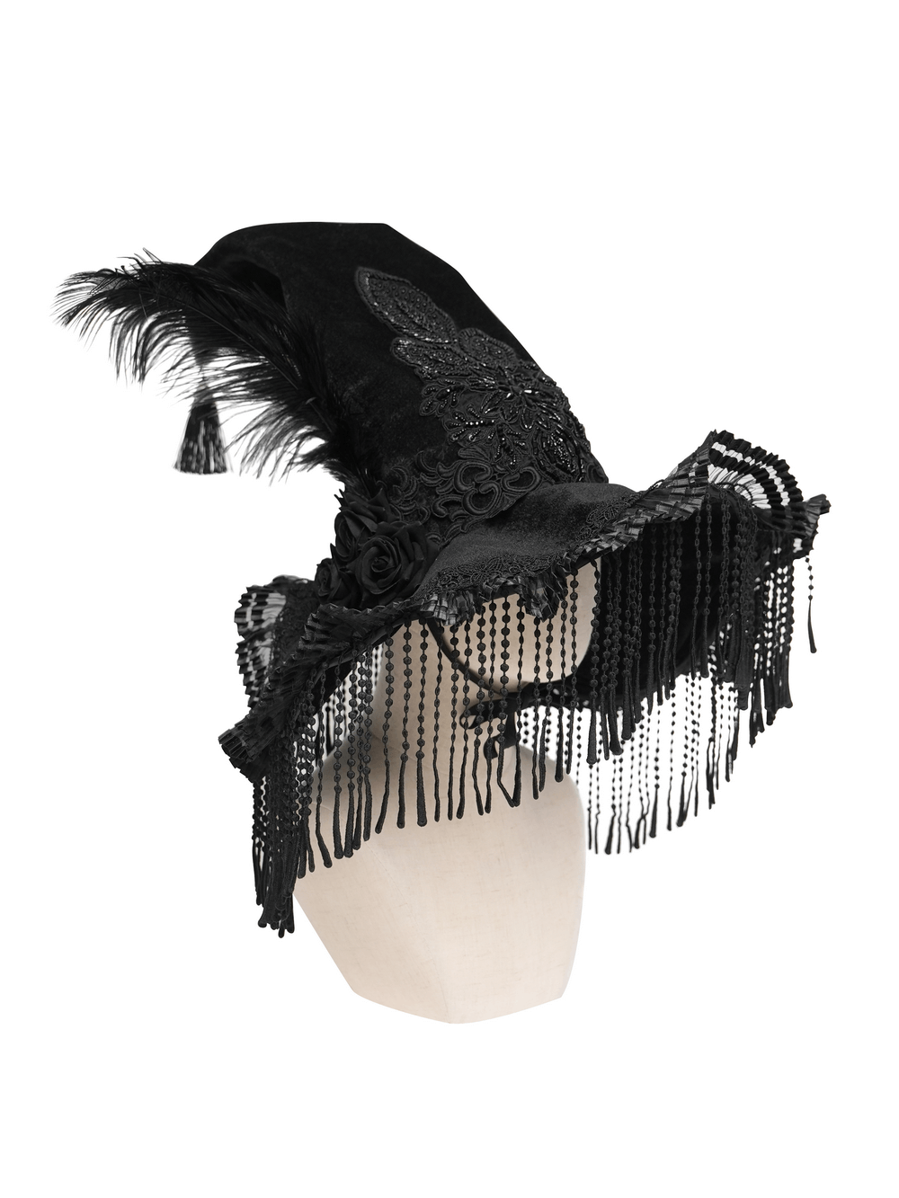Black Witch Hat with Lace Fringe and Feather Detail displaying intricate lace and feather accents on a mannequin.