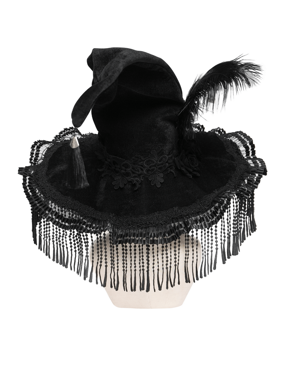 Black Witch Hat with Lace Fringe and Feather Detail showcasing elegant lace and feather accents.