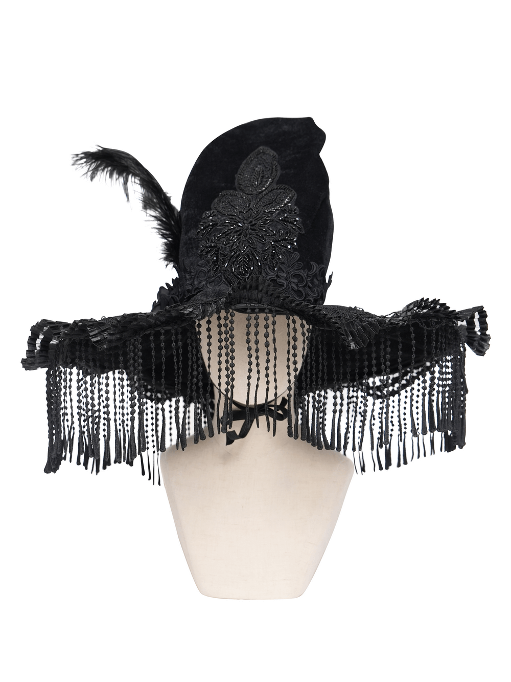 Black Witch Hat with Lace Fringe and Feather Detail displayed on a mannequin, featuring intricate lace and feather accents.