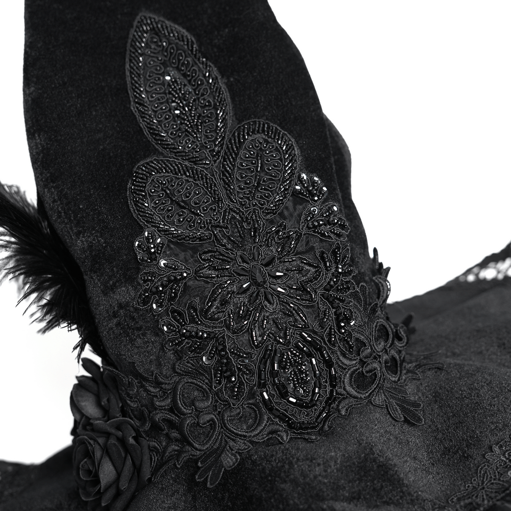Black Witch Hat with Lace Fringe and Feather Detail showcasing intricate beaded embellishments and floral accents.