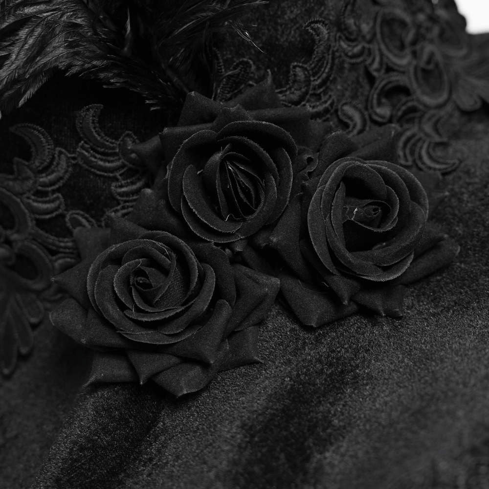 Black Witch Hat with Lace Fringe and Feather Detail featuring elegant black roses and intricate lace design.
