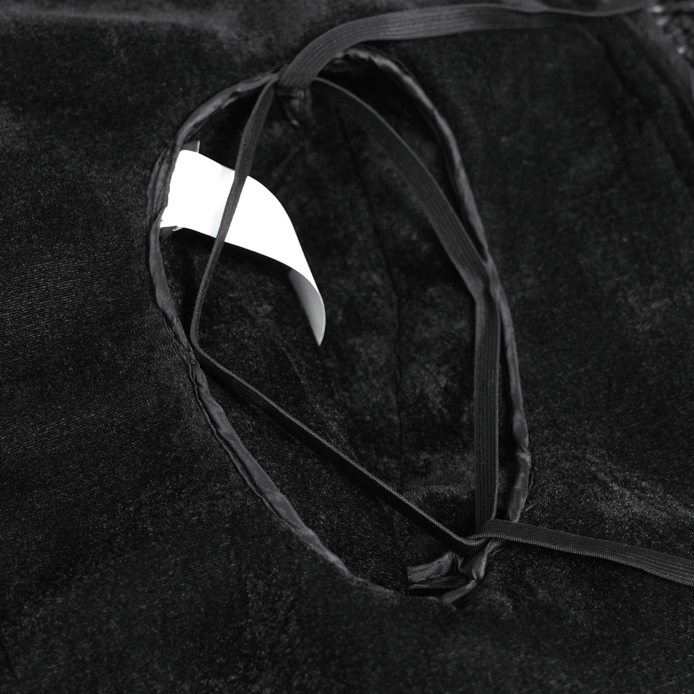 Detail view of the interior of a Black Witch Hat with Lace Fringe and Feather Detail, showcasing the lace and ribbon design.