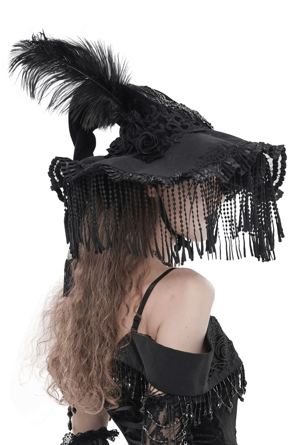Black Witch Hat with Lace Fringe and Feather Detail worn by a model showcasing its gothic charm and elegance.