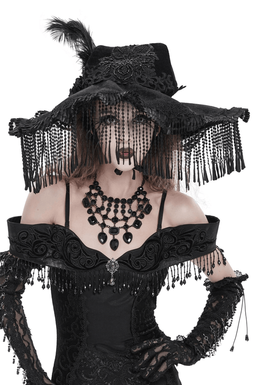 Sombrero de Bruja Negro con Flecos de Encaje y Detalle de Plumas