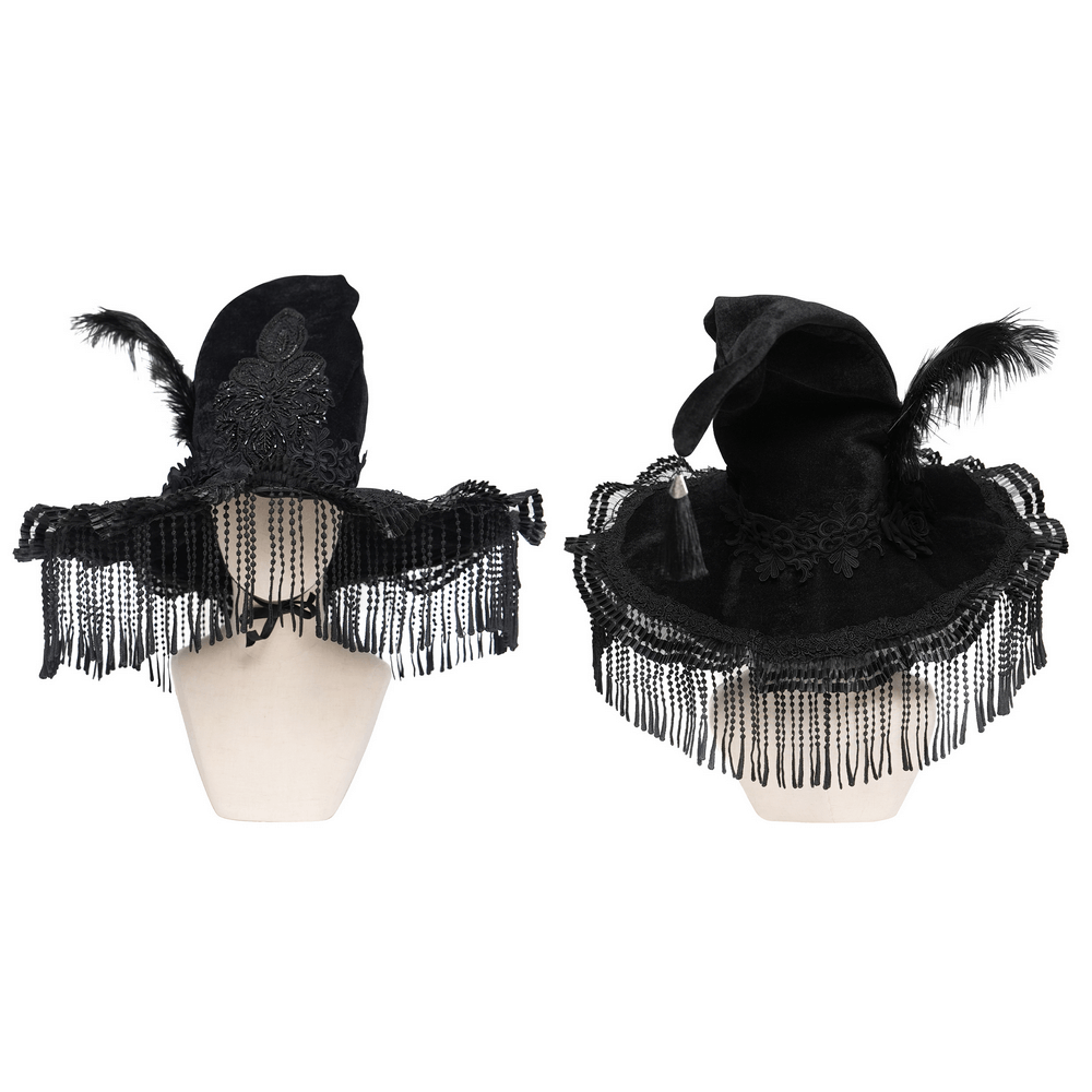 Black Witch Hat with Lace Fringe and Feather Detail displayed on a mannequin showing front and back views.