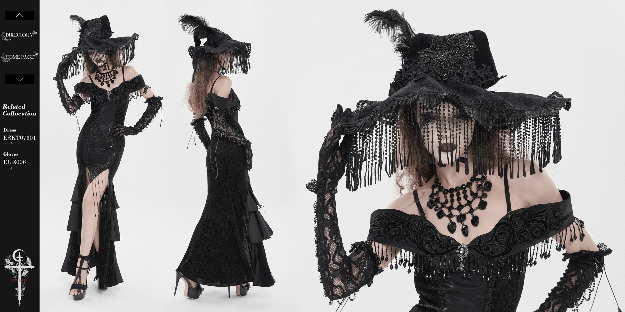 Black Witch Hat with Lace Fringe and Feather Detail worn by model in gothic attire showcasing elegance and style.