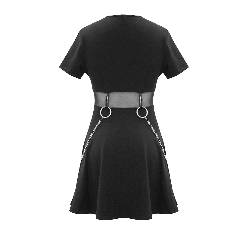Stylish black gothic punk dress for women with short sleeves and chain detailing, perfect for casual wear.