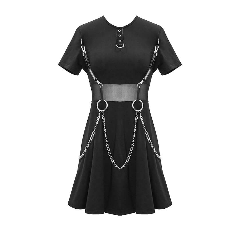 Black gothic punk short dress with chains and silver rivets, perfect for casual outings and stylish looks.