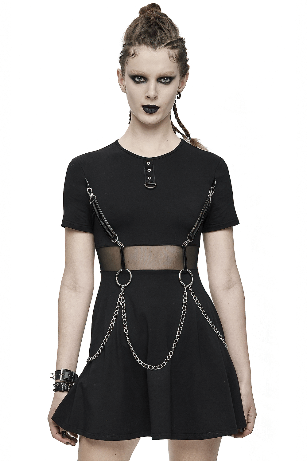 Trendy black gothic punk dress with short sleeves and chain details, perfect for a bold casual look.