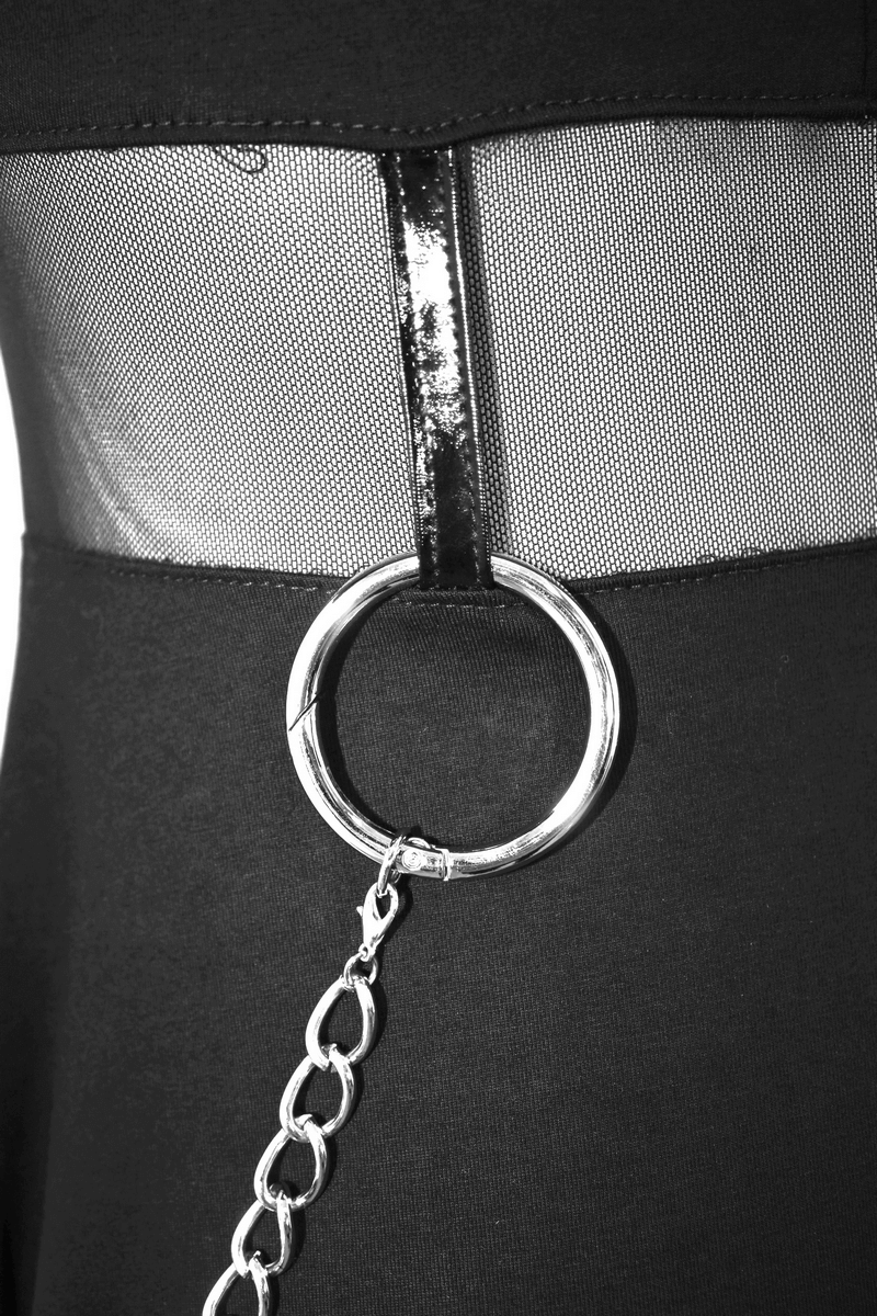 Close-up of black gothic punk dress showing silver chain and mesh panel details, perfect for stylish casual wear.