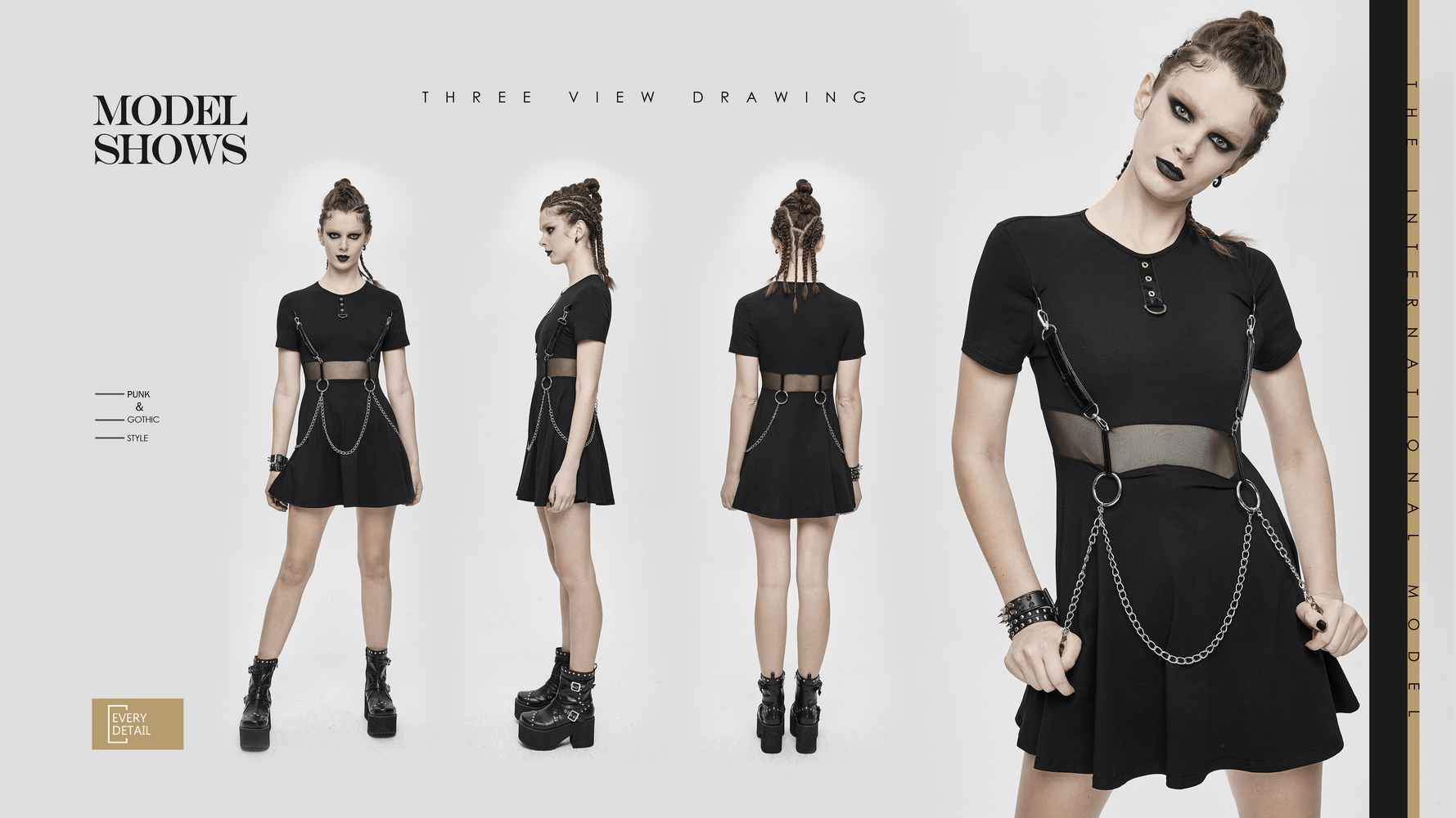 Three view drawing of a gothic punk black short dress with chain details, showcased on a model.