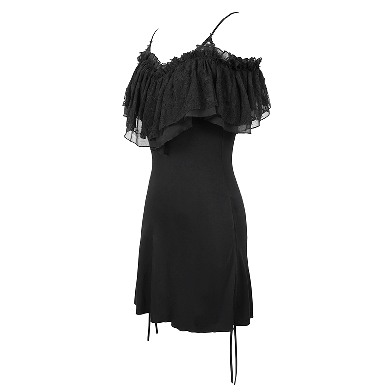 Black women's gothic off-shoulder mini dress with lace details and adjustable sides, perfect for a chic, elegant look.