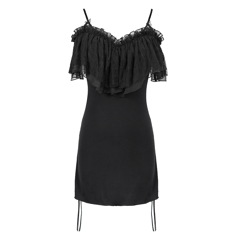 Black Women's Gothic Off-Shoulder Mini Dress / Slim Dress with Adjustable Rope on Both Sides - HARD'N'HEAVY