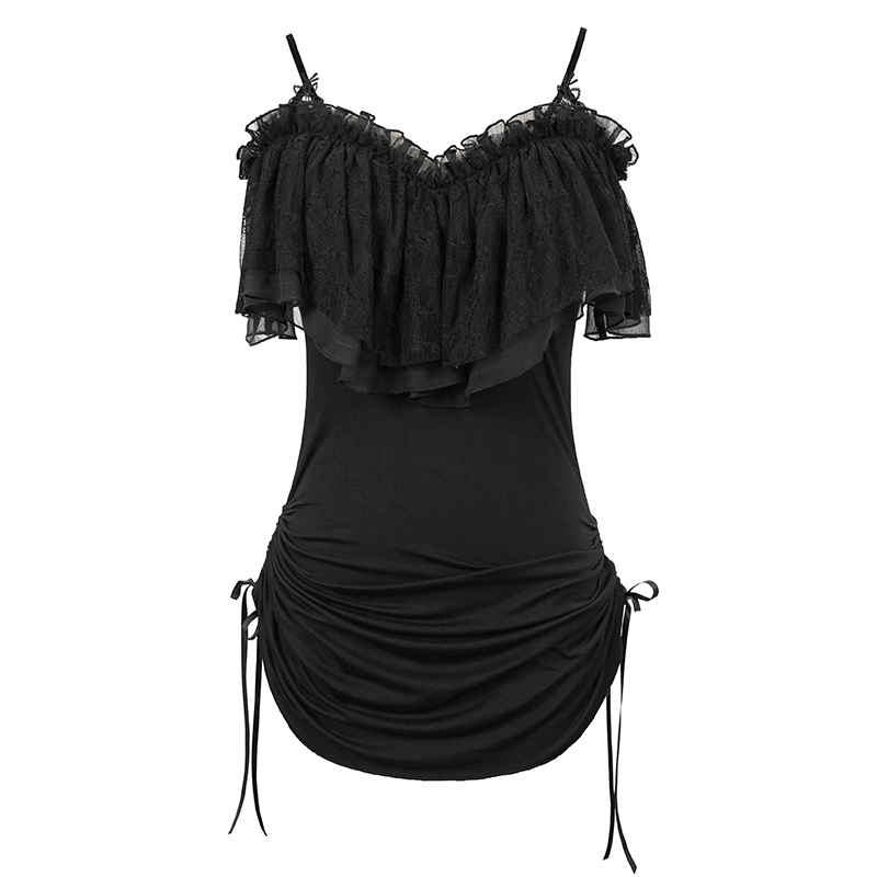 Black Women's Gothic Off-Shoulder Mini Dress / Slim Dress with Adjustable Rope on Both Sides - HARD'N'HEAVY