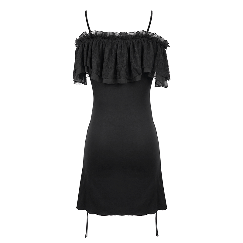 Black Women's Gothic Off-Shoulder Mini Dress / Slim Dress with Adjustable Rope on Both Sides - HARD'N'HEAVY