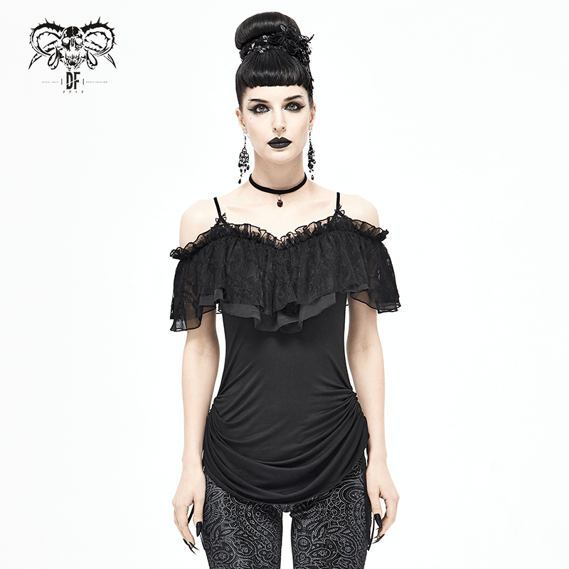 Black women's gothic off-shoulder mini dress with lace inserts and adjustable straps in stylish fashion.