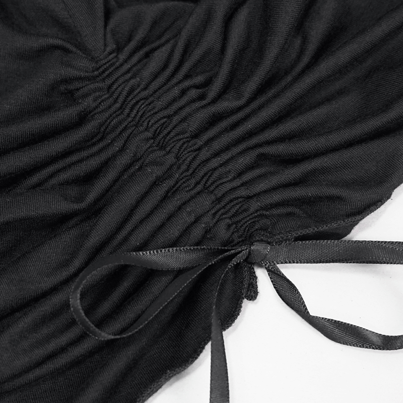 Close-up of adjustable rope detail on a black women's gothic mini dress, showcasing stylish ruching.