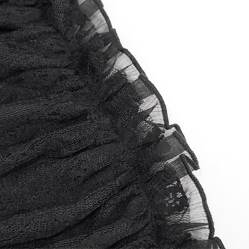 Close-up of delicate lace detailing on a black gothic mini dress, showcasing its elegant design and texture.