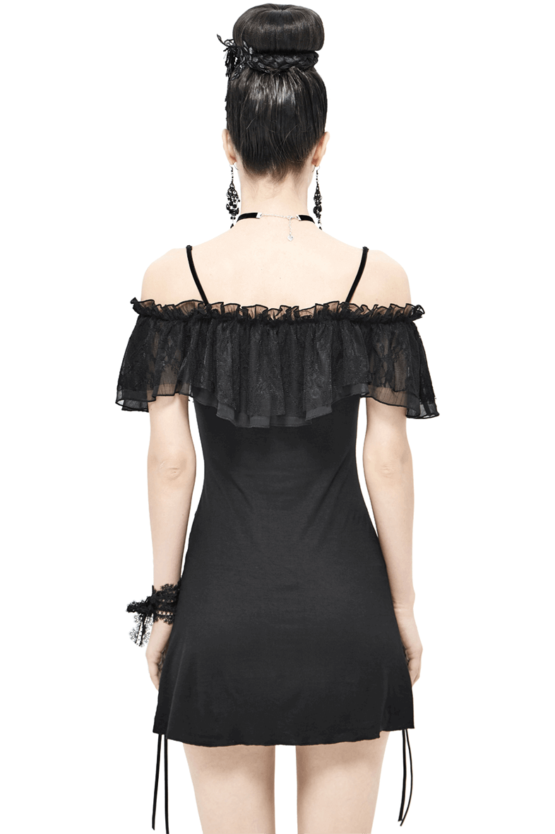 Back view of a women's black gothic off-shoulder mini dress with lace inserts and adjustable rope details.