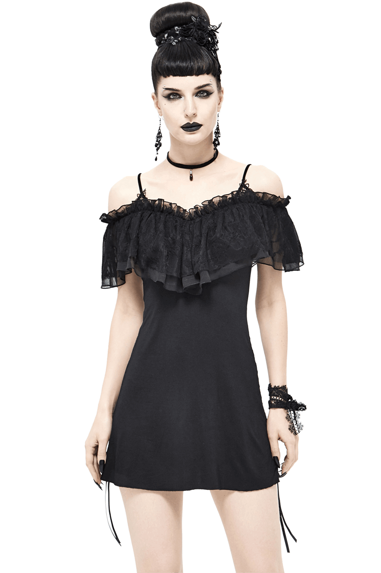 Black Gothic off-shoulder mini dress with lace inserts, perfect for an elegant, edgy look.